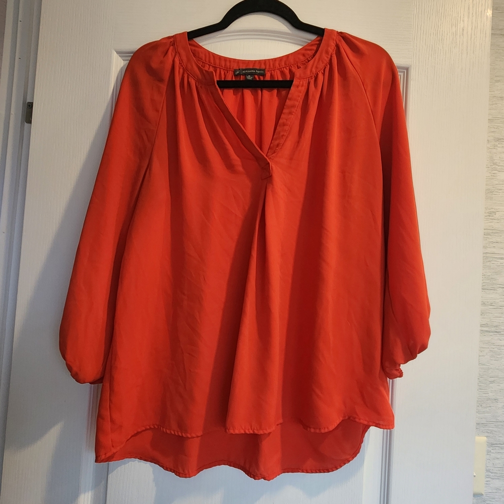 Adrianna Papell Vibrant Orange V-Neck Peasant Blouse M Euc